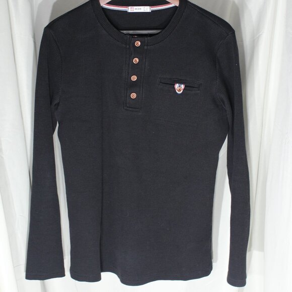 H2H Black Waffle Pattern Henley - Size L - Picture 1 of 9